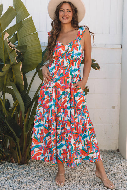 Threaded Pear Alice Boho Floral Ruffled Strap Maxi Dress