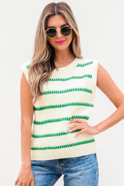 Threaded Pear Ivey Striped Round Neck Casual Sweater Vest