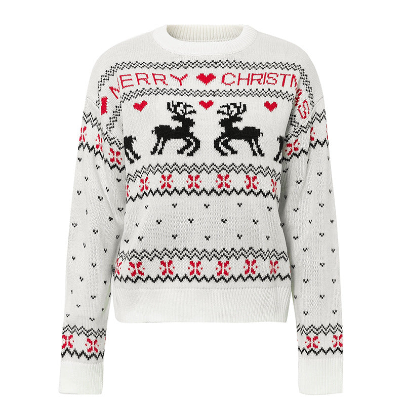 Cute Elk Heart Print Christmas Sweater | Women’s Fashion Heart Pattern Pullover | Festive Reindeer Knitted Winter Top | Sweet Holiday Aesthetic Jumper