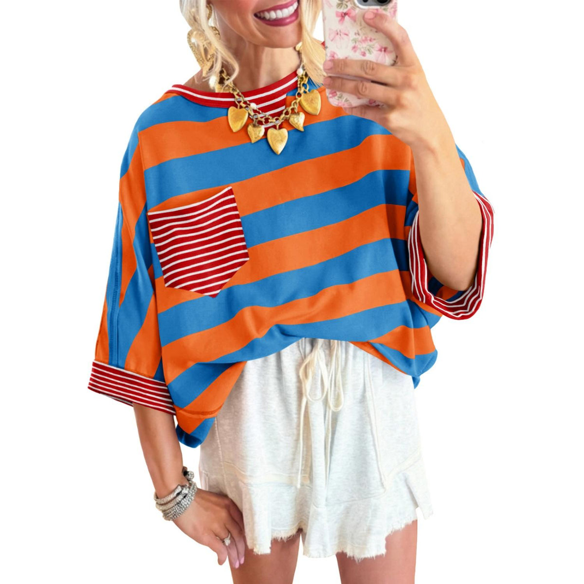 Women's T-shirts Striped Drop Shoulder Pocket T-shirt