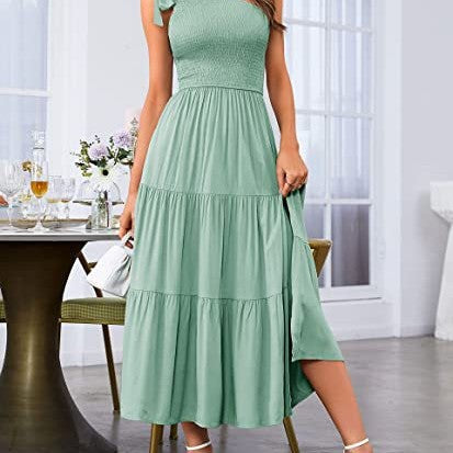 Women’s One-Shoulder Pleated Layered Hem Split Dress | High-Sense Formal Evening Gown | Trendy Minimalist Asymmetrical Party Dress | Luxury-Label Statuesque Radiant Occasion Wear | 2026 High-Fashion Emerald-Luxe Essential