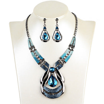 Exotic Antique Oil Blue Jewel Jewelry Set | Vintage European Water-Drop Necklace & Earrings | Deep Blue Crystal Clavicle Chain | Bohemian Royal Banquet Jewelry Suit