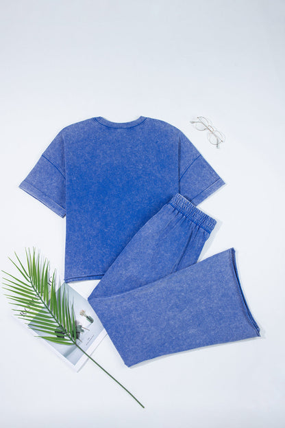 Threaded Pear Arabella Acid Wash Star Patched Rolled Trim Pants Set