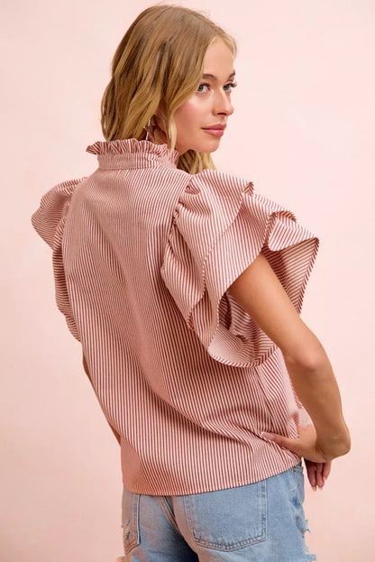 BiBi Twill Striped Ruffle Sleeve Blouse