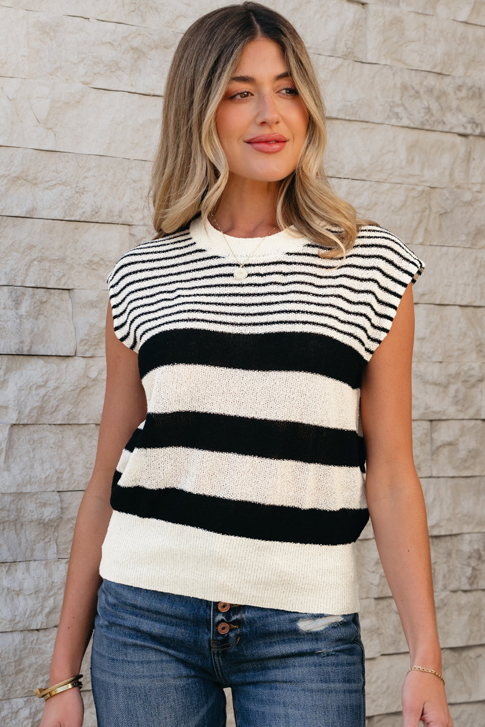 Threaded Pear Irene Striped O Neck Sweater Vest