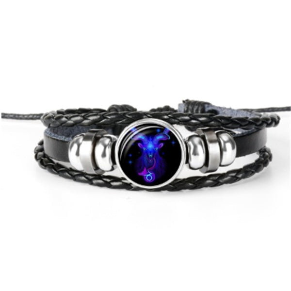 12 Zodiac Constellation Luminous Bracelet | Handmade Braided Leather Astrology Bracelet | Glow-in-the-Dark Birthday Gift for Men, Women & Kids