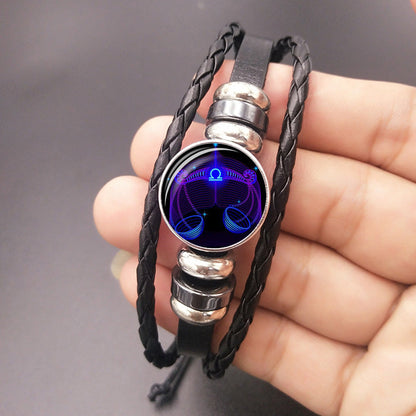 12 Zodiac Constellation Luminous Bracelet | Handmade Braided Leather Astrology Bracelet | Glow-in-the-Dark Birthday Gift for Men, Women & Kids