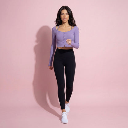 Cropped Button-Up Ribbed Long Sleeve Top with Scoop Neckline
