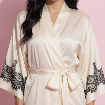 Anna-Kaci Women's Long Satin Kimono Robe with Tie Waist and Artistic Floral Print