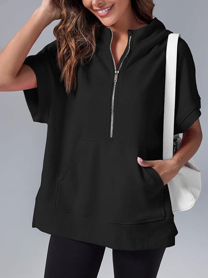 Women's Oversized Half-Zip Short Sleeve Hoodie