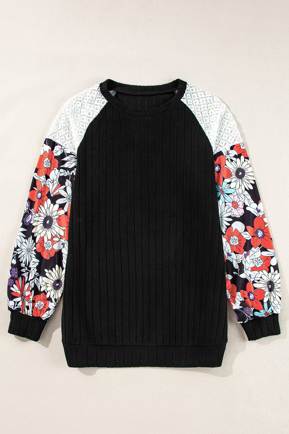Threaded Pear Bailey Patchwork Long Sleeve Ribbed Blouse