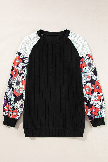 Threaded Pear Bailey Patchwork Long Sleeve Ribbed Blouse