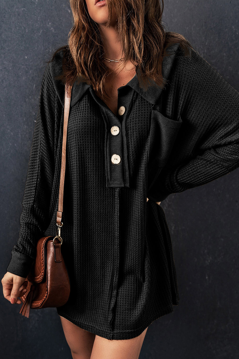 Threaded Pear Nina Waffle Knit Long Sleeve Top