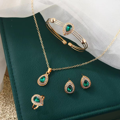 Luxury Water-Drop Gemstone 4-Piece Jewelry Set | Elegant Teardrop Necklace, Earrings, Bracelet & Ring Suite | Royal Blue/Clear Crystal Wedding Jewelry Set | Women's Formal Banquet Accessories