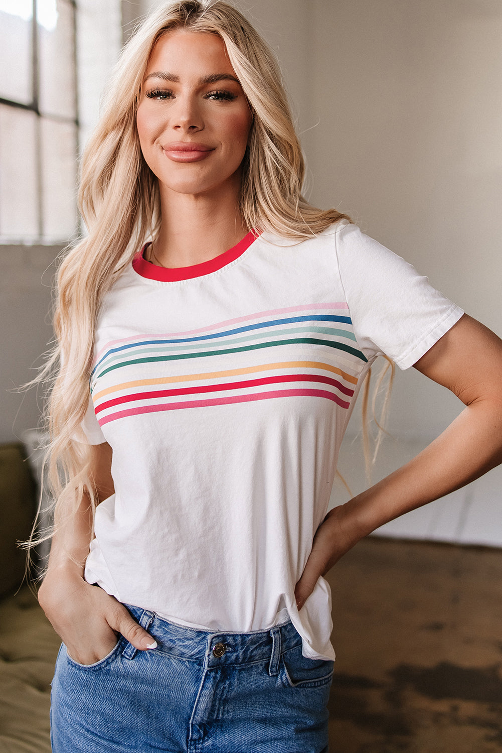 Threaded Pear Carter Rainbow Stripe Crewneck Top