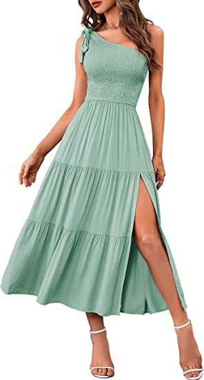 Women’s One-Shoulder Pleated Layered Hem Split Dress | High-Sense Formal Evening Gown | Trendy Minimalist Asymmetrical Party Dress | Luxury-Label Statuesque Radiant Occasion Wear | 2026 High-Fashion Emerald-Luxe Essential