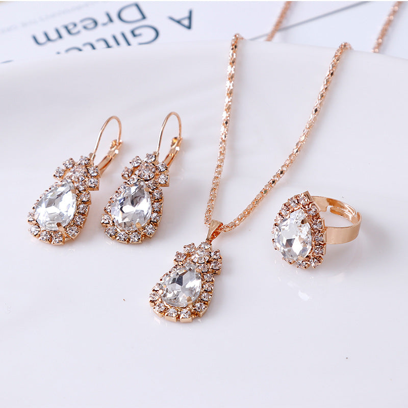 Water Drop Rhinestone Jewelry Set for Women | Elegant Teardrop Necklace, Earrings & Ring Suite | Luxury Crystal Bridal Jewelry Set | Trendy Sparkly Wedding Anniversary Gift | 2026 High-Fashion Evening Party Accessories