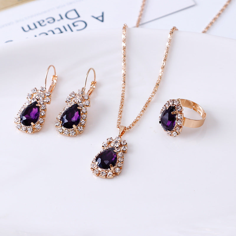 Water Drop Rhinestone Jewelry Set for Women | Elegant Teardrop Necklace, Earrings & Ring Suite | Luxury Crystal Bridal Jewelry Set | Trendy Sparkly Wedding Anniversary Gift | 2026 High-Fashion Evening Party Accessories