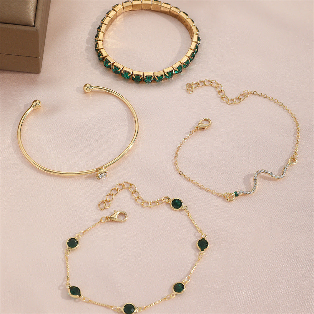 Women’s 4Pcs Green Grandmother Diamond Bracelet Set | High-Sense Emerald Stretch Bracelet Suit | Trendy Minimalist Multi-Layer Jewelry | Luxury-Label Statuesque Evening Accessories | 2026 High-Fashion Radiant Wristwear