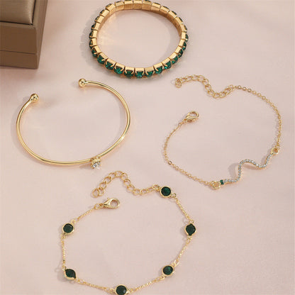 Women’s 4Pcs Green Grandmother Diamond Bracelet Set | High-Sense Emerald Stretch Bracelet Suit | Trendy Minimalist Multi-Layer Jewelry | Luxury-Label Statuesque Evening Accessories | 2026 High-Fashion Radiant Wristwear
