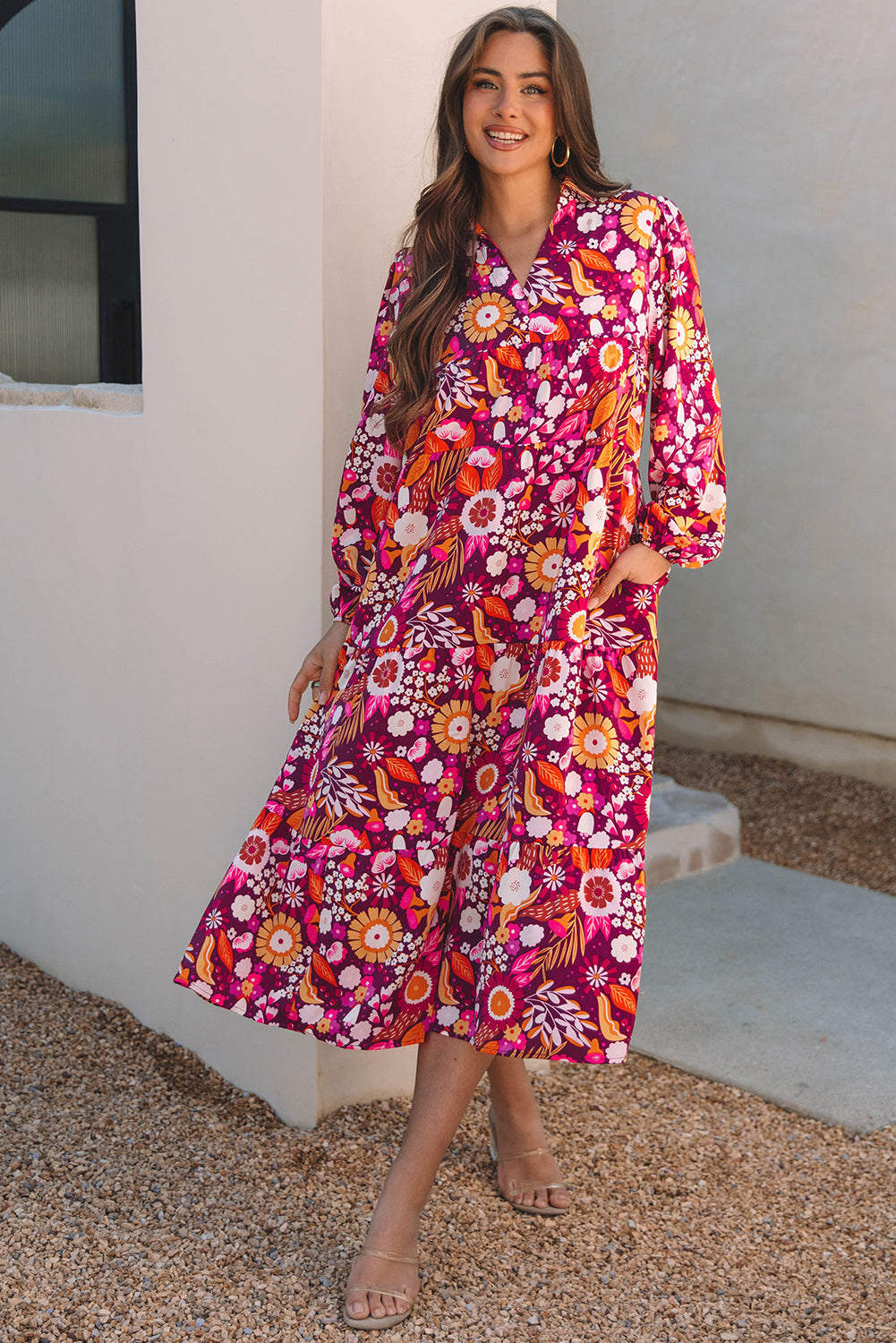 Threaded Pear Alina Collared Tiered Long Dress