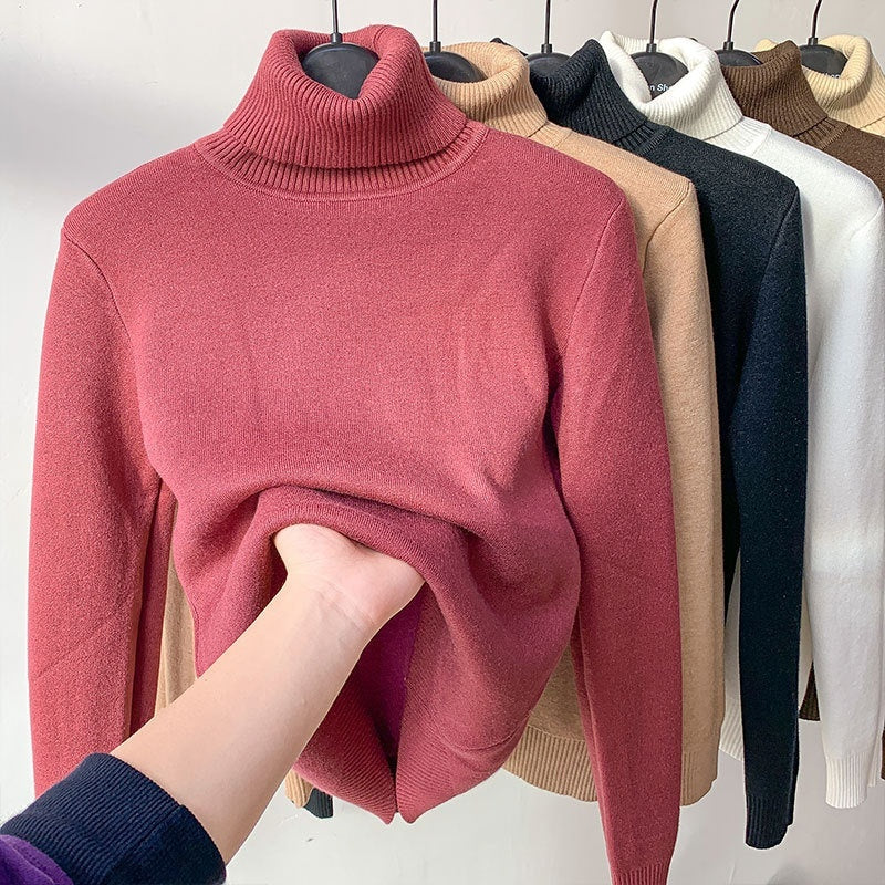 Women’s Fleece-Lined Turtleneck Sweater | Ultra-Warm Thick Knitted Pullover | Elegant Winter Thermal Knitwear | High-Sense Minimalist Slim Fit Sweater for Women