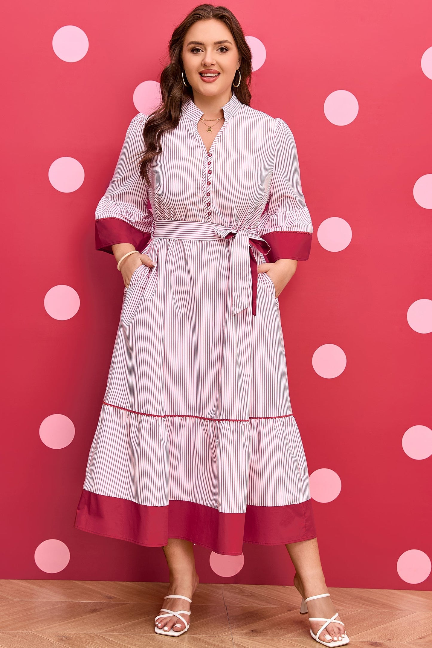 Threaded Pear Charlee Hem Pinstriped Midi PLUS Dress