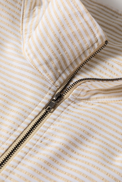 Threaded Pear Khaki Stripe Mix Half Zip French Terry Plus Size Sweatshirt