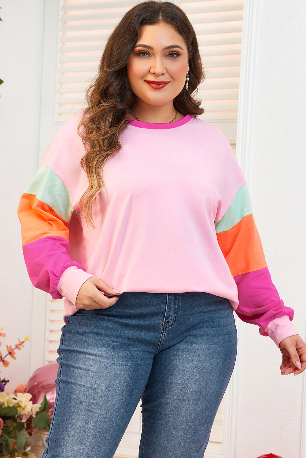 Threaded Pear Harlow Plus Size Patchwork Long Sleeve Top