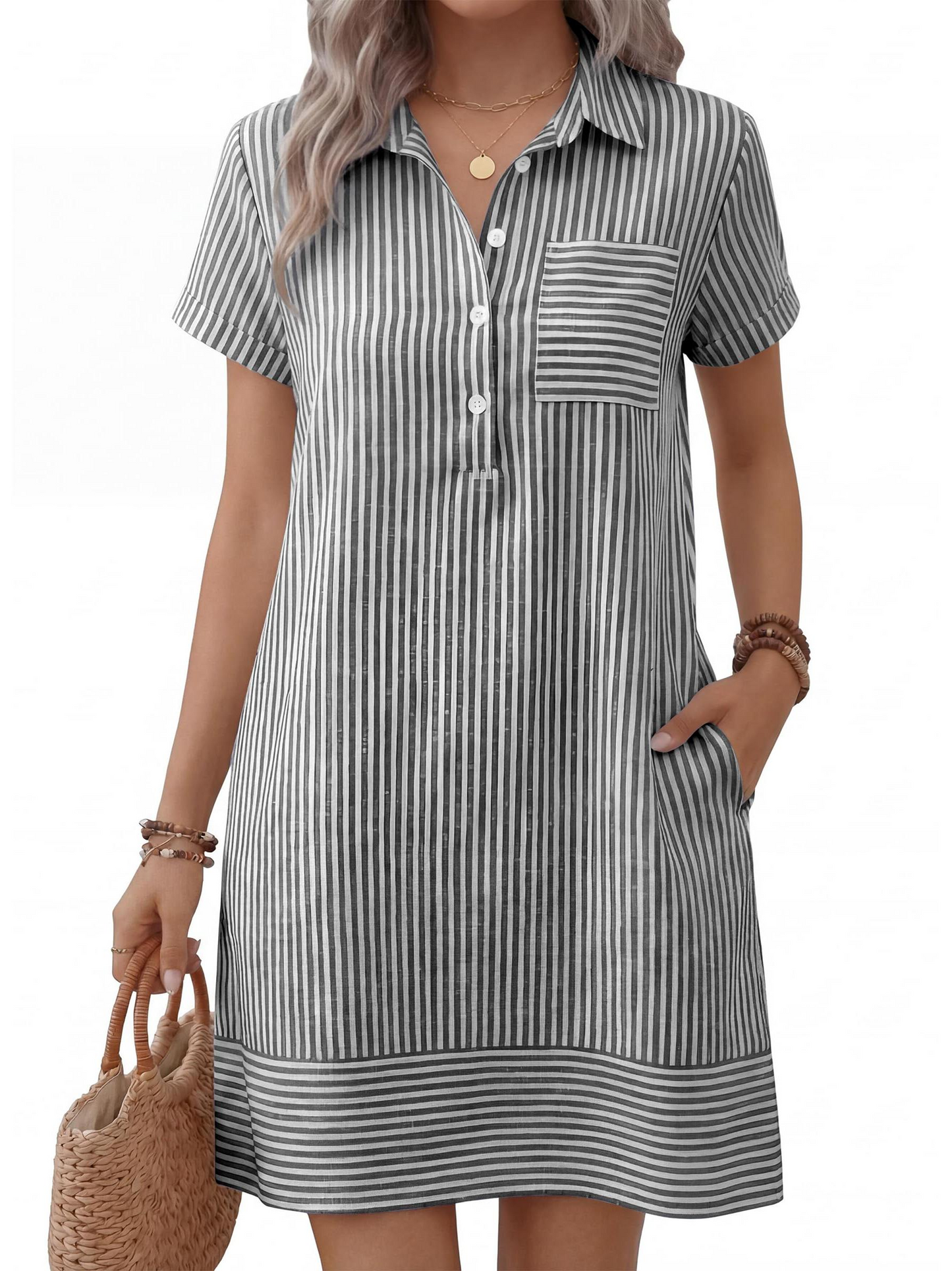 Women's Short Sleeve Button-Down Shirt Dress