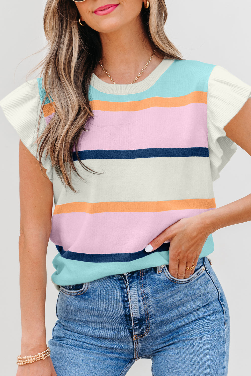 Threaded Pear Yasmin Striped Flutter Sleeve Patchwork Top