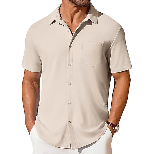 Men’s Short Sleeve Button-Up Shirt | Premium Wrinkle & Crease Resistant Fabric | Non-Iron Modern Business Casual Shirt | Travel-Friendly Lightweight Men's Summer Top