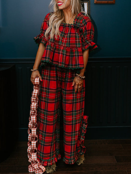 ✨Women's Christmas Plaid Ruffle Puff Sleeve Pajamas Set