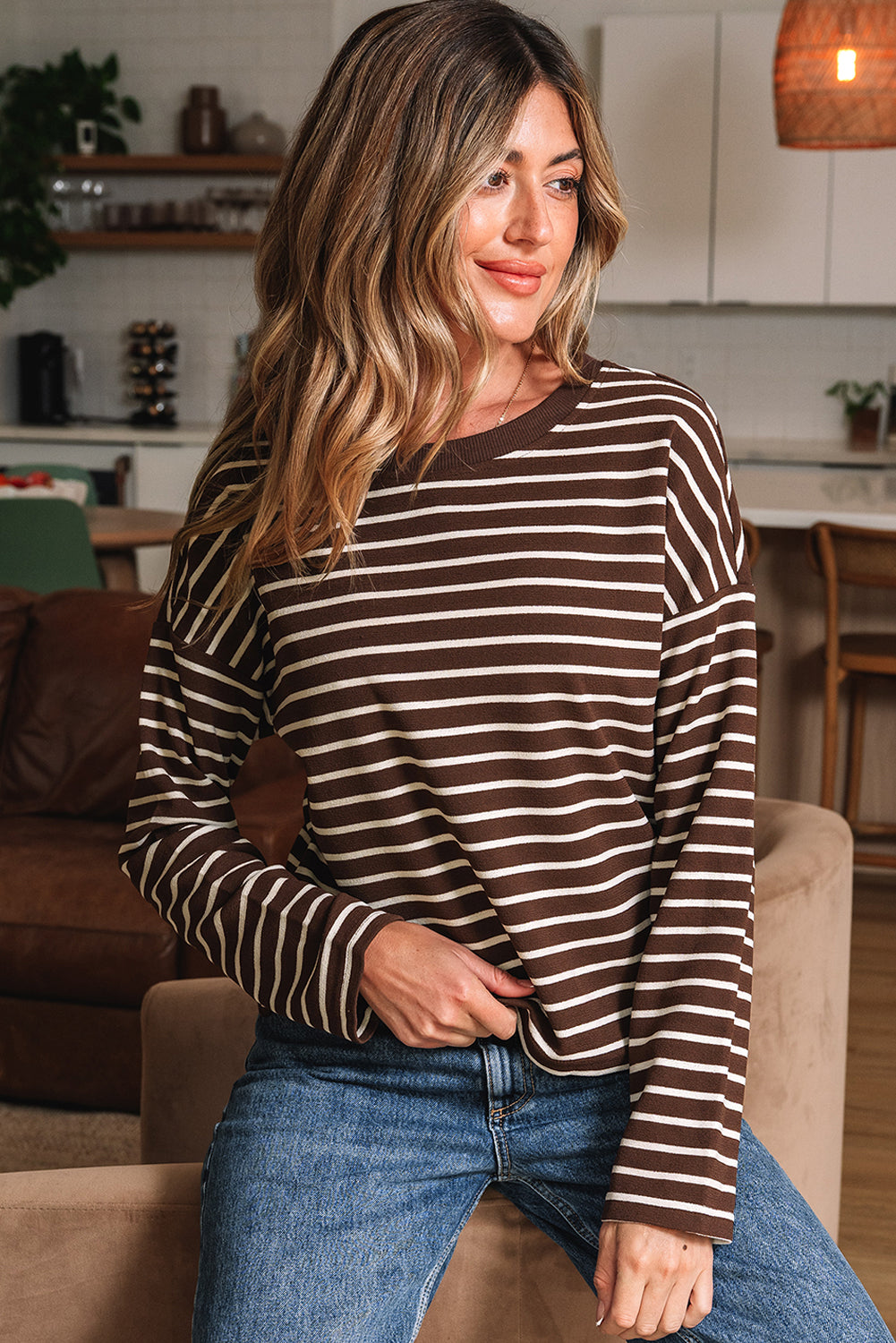 Threaded Pear Ember Stripe Ribbed Cropped Crew Neck Top