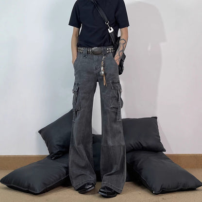 Retro Deconstructed Multi-Pocket Flared Cargo Pants for Men, Cool Streetwear Brand, Loose Clean Fit Straight Leg Casual Pants