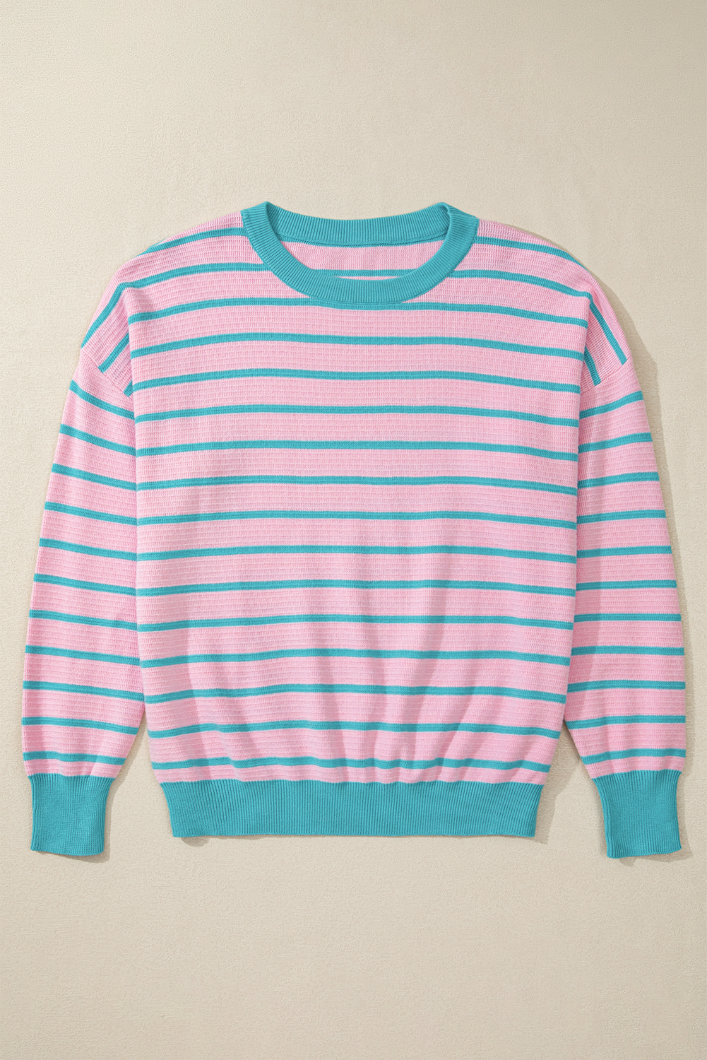 Threaded Pear Briar Stripe Trimmed Round Neck Loose Sweater