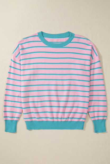 Threaded Pear Briar Stripe Trimmed Round Neck Loose Sweater