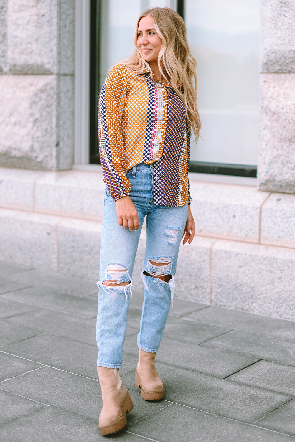 Threaded Pear Brown Dot Print Long Sleeve Button Down Shift PLUS Shirt