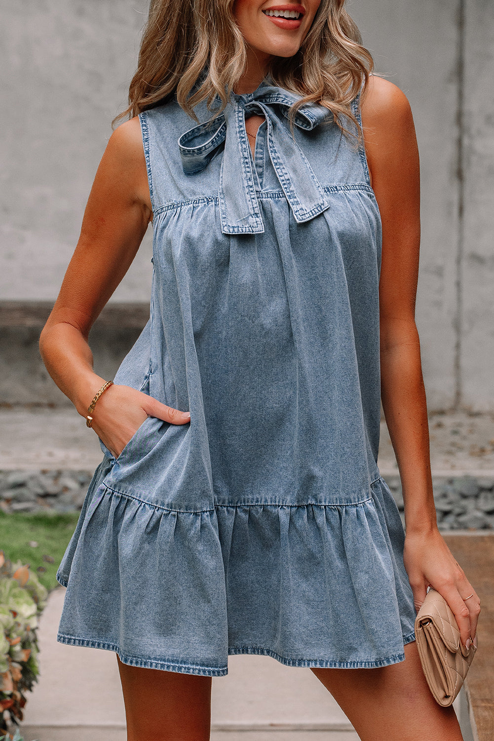 Threaded Pear Clare Sleeveless Ruffled Chambray Dress