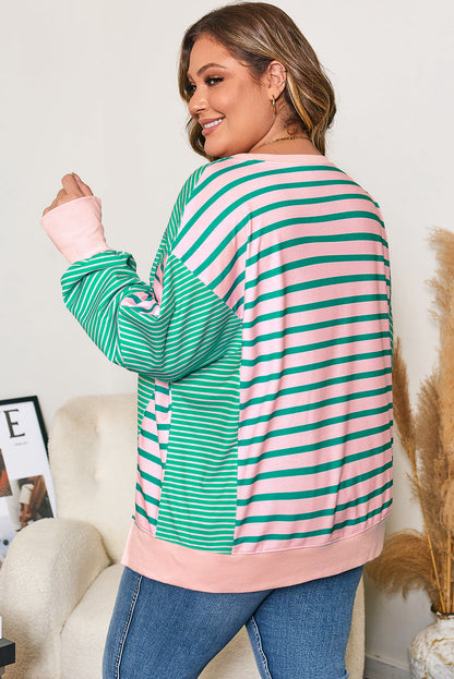 Threaded Pear Green Stripe Color Block Exposed Seam Side Slit Plus Size Sweatshirt
