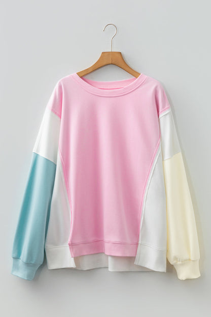 Threaded Pear Pink Colorblock Patchwork Drop Shoulder Plus Size Sweatshirt
