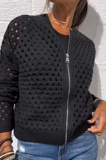Women’s Fashion Hollow Knitted Zip-Up Jacket | Long-Sleeved Breathable Crochet Top | Trendy Lightweight Knit Cardigan | Modern Urban Layering Jacket for Women
