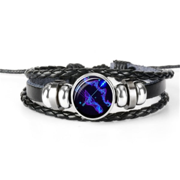 12 Zodiac Constellation Luminous Bracelet | Handmade Braided Leather Astrology Bracelet | Glow-in-the-Dark Birthday Gift for Men, Women & Kids