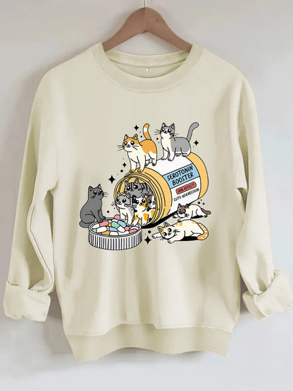 Cartoon cat lover printed round neck long sleeved sweatshirt