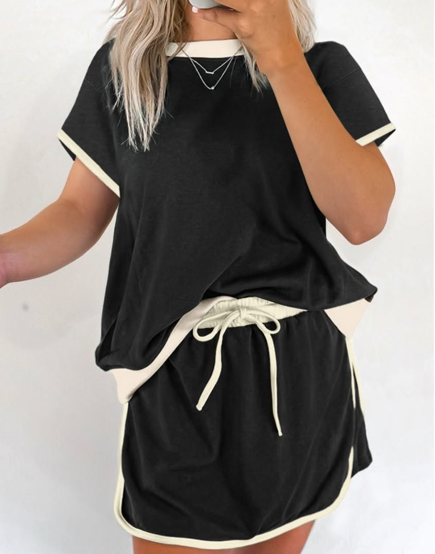 ✨Women's Colorblock Edge Drop Shoulder T Shirt Skort 2Pcs Set
