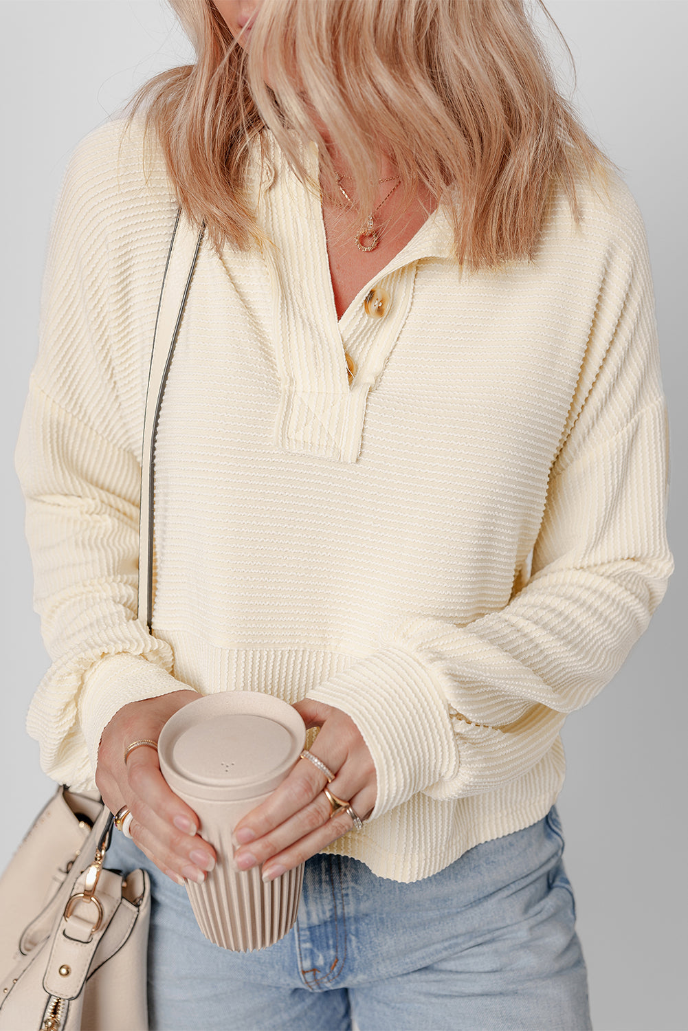 Threaded Pear Evelyn Lantern Sleeve Henley Sweater
