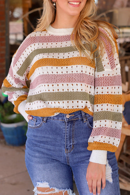 Threaded Pear Caroline Striped Hollowed Knitted Loose Sweater