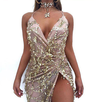 V-Neck Halter Strap Sequin Dress | Elegant Shimmering Backless Evening Gown | Luxury Sparkly Party Dress for Women | Trendy Bodycon Sequin Cocktail Dress | 2026 High-Fashion Glamour Nightwear