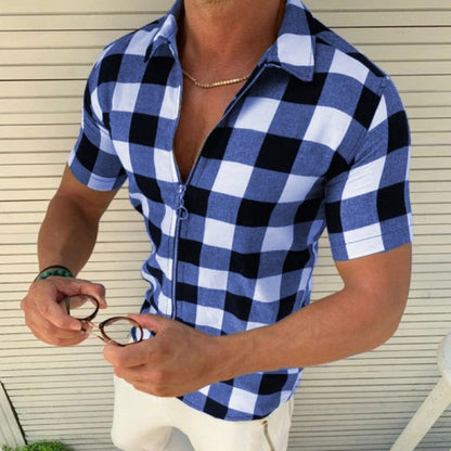 Men’s Plaid Zipper Short-Sleeve T-Shirt | High-Sense Summer Executive Polo | Trendy Minimalist Checkered Casual Shirt | Luxury-Label Urban Men’s Clothing | 2026 High-Fashion Statuesque Streetwear