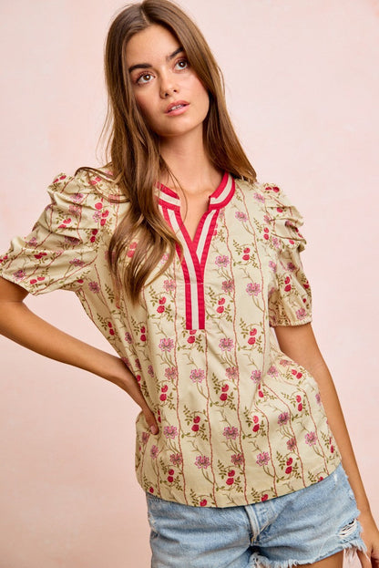 BiBi Floral Gather Sleeves Contrast Neckband Blouse Top